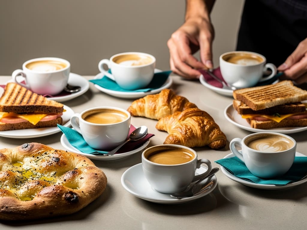 Bancone con tazze di espresso, brioche e panini tostati
