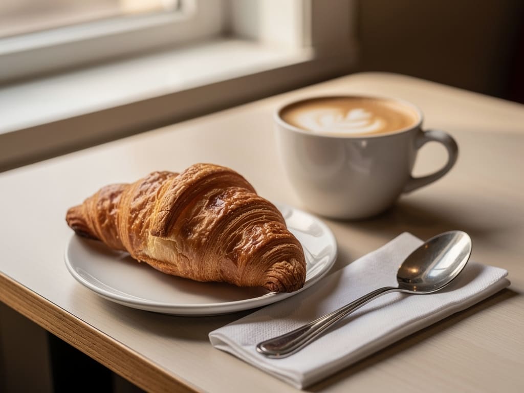Cappuccino e brioche artigianale su un tavolo da caffetteria